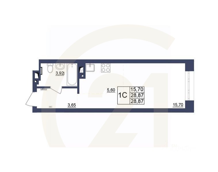 1-комн, 28,69 м²в ЖК «Космос»