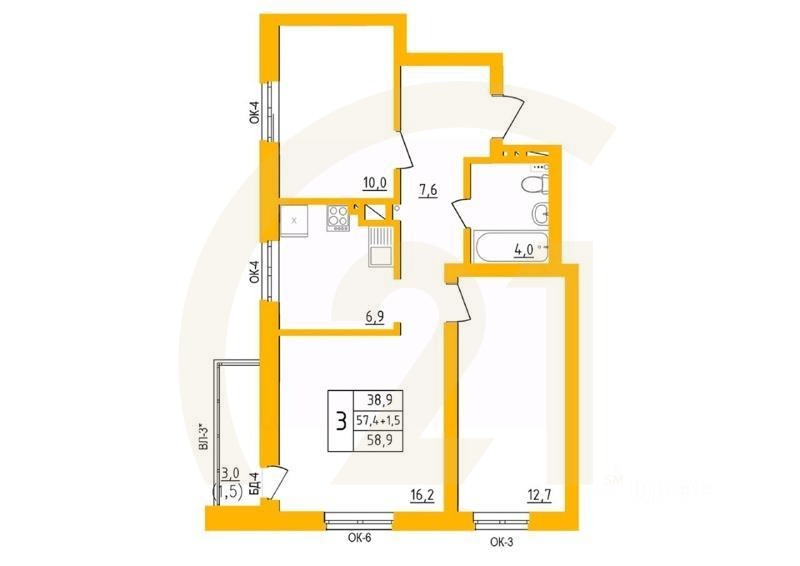 3-комн. квартира, 58,4 м²