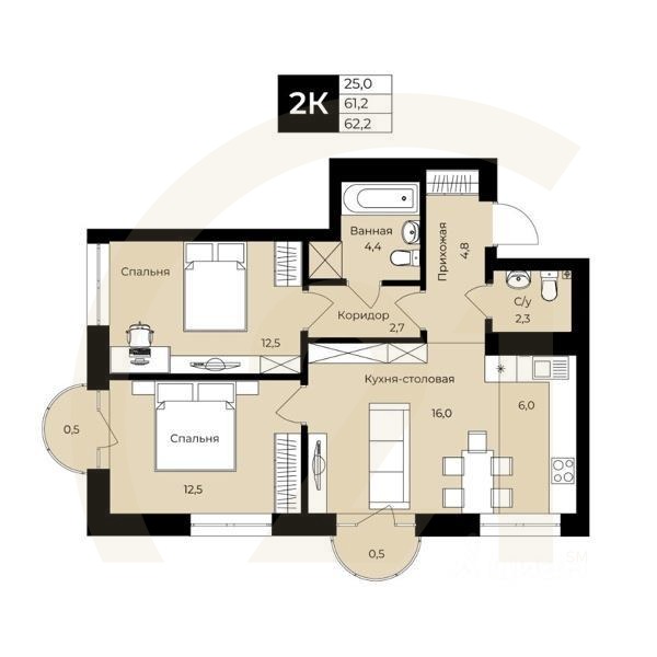 2-комн. квартира, 61,2 м²в ЖК «Ленинские высотки»