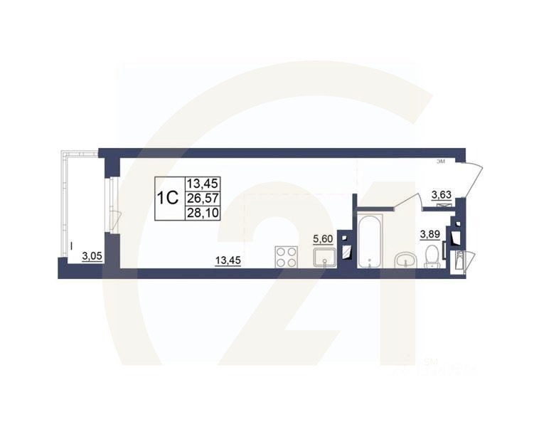 1-комн, 27,92 м²в ЖК «Космос»