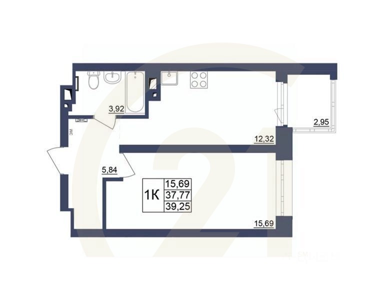 1-комн. квартира, 39,07 м²