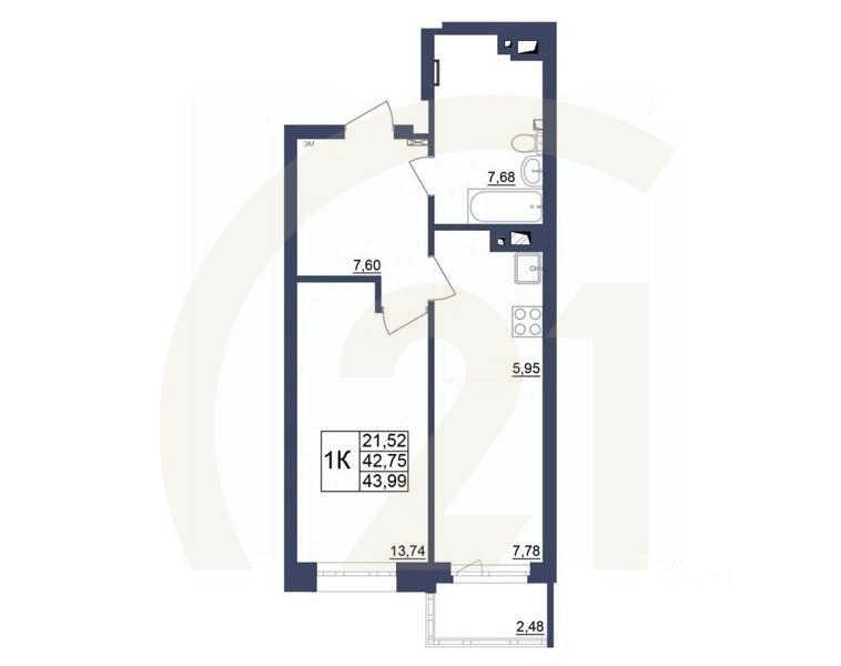 1-комн. квартира, 43,15 м²