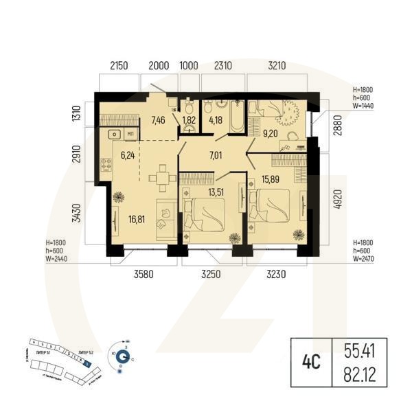 4-комн. квартира, 82,12 м²в ЖК «Новатор»