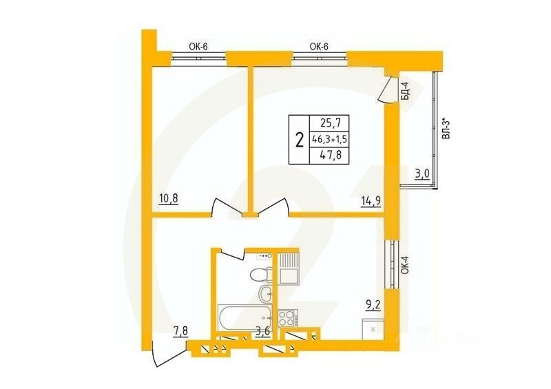 2-комн. квартира, 47,3 м²