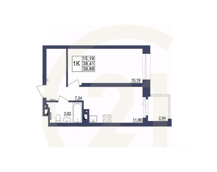 1-комн. квартира, 39,75 м²в ЖК «Космос»