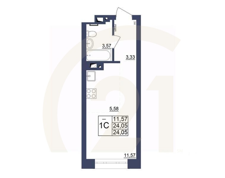 1-комн, 24,22 м²в ЖК «Космос»