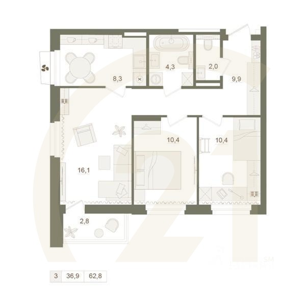 3-комн. квартира, 62,8 м²в ЖК «Квартал «Родина Парк»