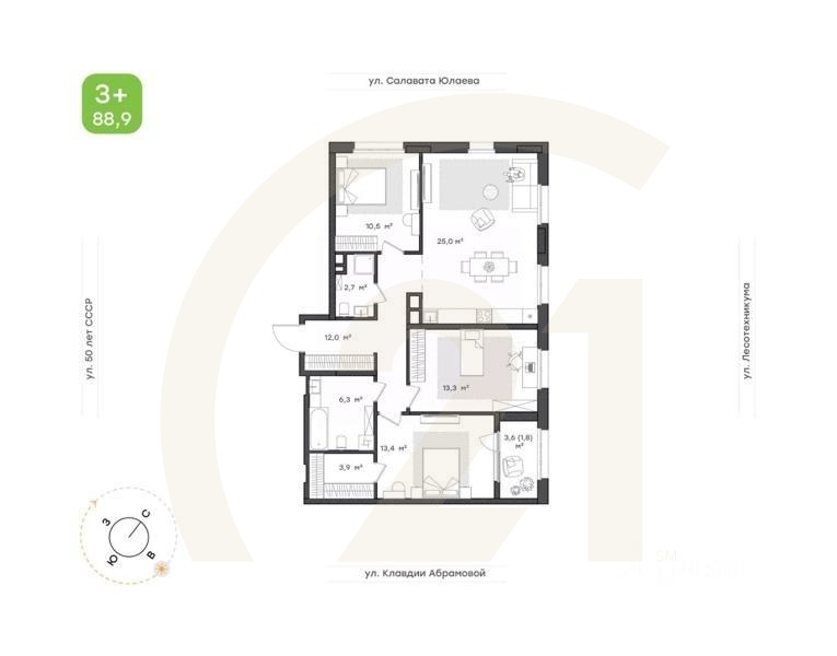 3-комн. квартира, 88,9 м²в ЖК «Бионика Парк»
