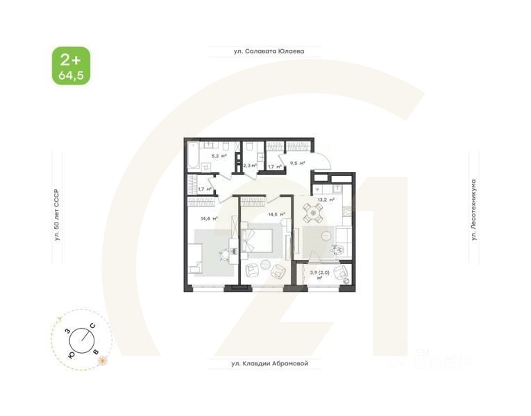 2-комн. квартира, 64,5 м²в ЖК «Бионика Парк»