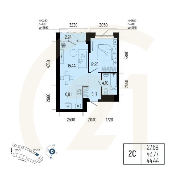 2-комн. квартира, 44,44 м²в ЖК «Новатор»