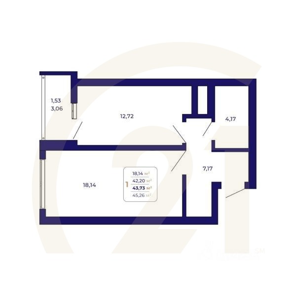1-комн. квартира, 43,73 м²в ЖК «Паруса»