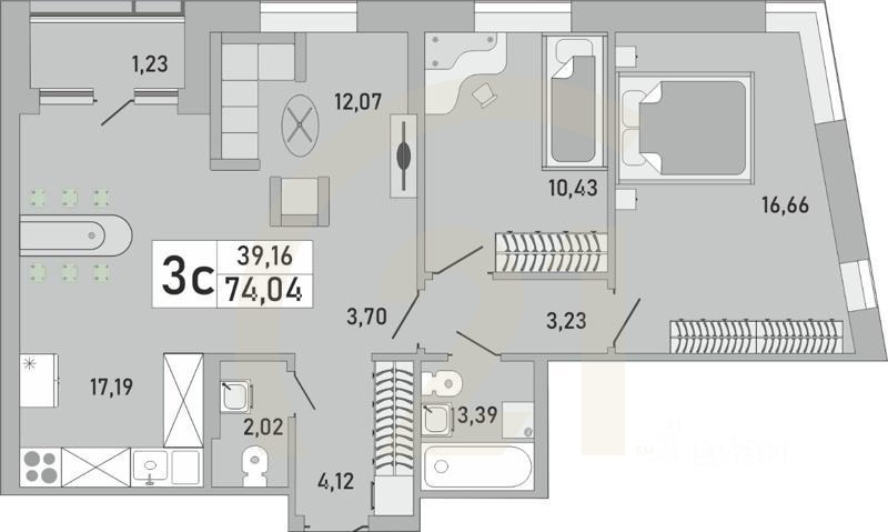 3-комн. квартира, 74,04 м²в ЖК «Платинум»