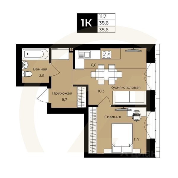 1-комн. квартира, 38,6 м²в ЖК «Ленинские высотки»