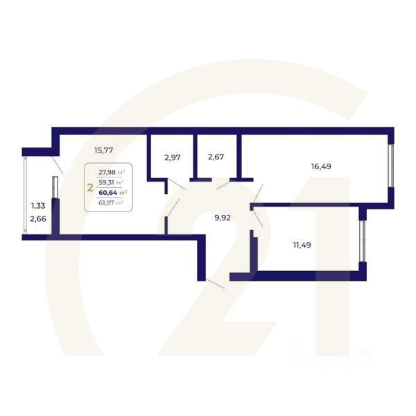 2-комн. квартира, 60,64 м²в ЖК «Паруса»