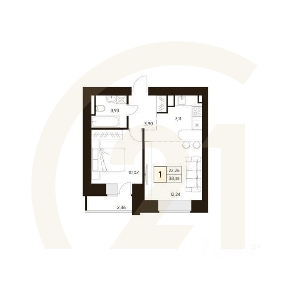 1-комн. квартира, 39,48 м²в ЖК «MATUR»