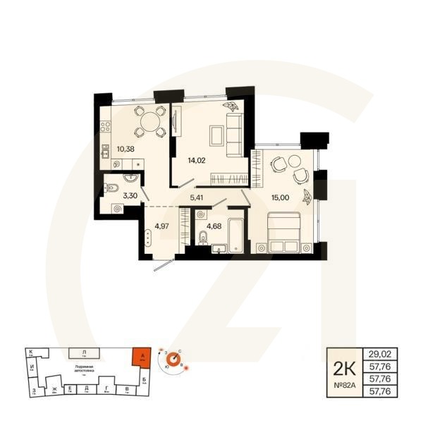 2-комн. квартира, 57,76 м²в ЖК «Первый остров»