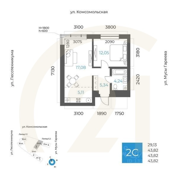 2-комн. квартира, 43,82 м²в ЖК «8 NEBO»