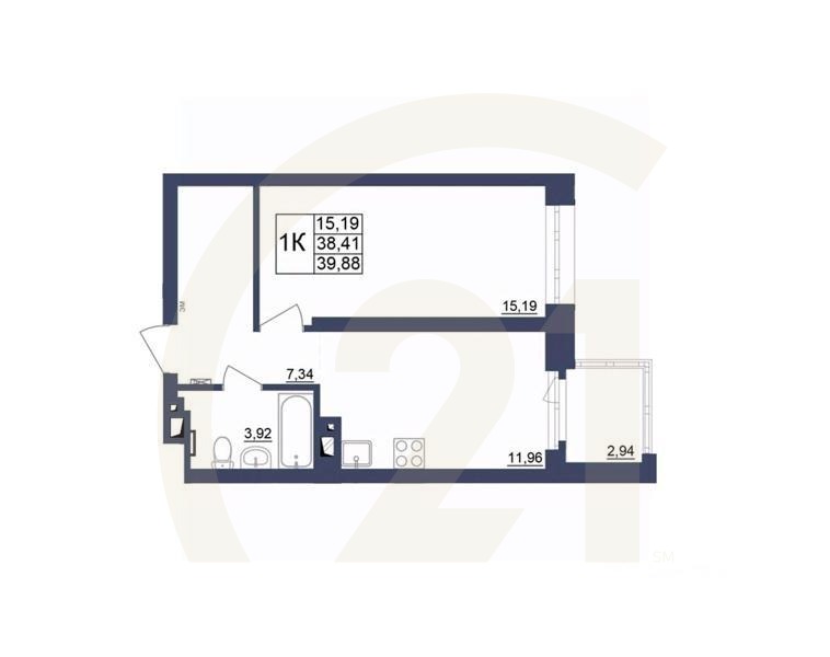 1-комн. квартира, 39,7 м²