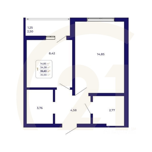 1-комн. квартира, 35,63 м²в ЖК «Паруса»