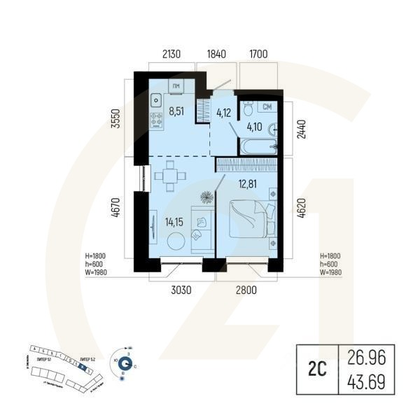 2-комн. квартира, 43,69 м²в ЖК «Новатор»