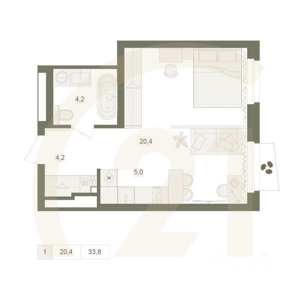 1-комн. квартира, 33,8 м²в ЖК «Квартал «Родина Парк»