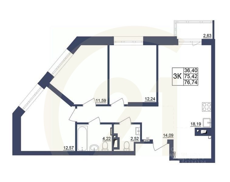 3-комн. квартира, 75,99 м²в ЖК «Космос»