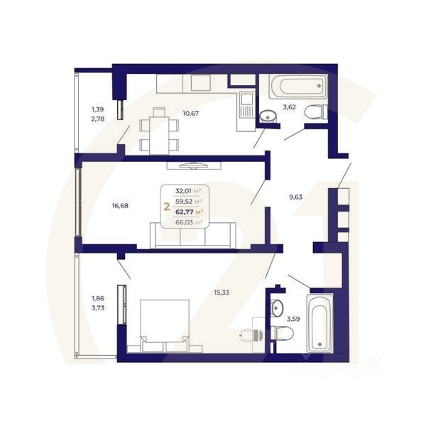 2-комн. квартира, 62,77 м²в ЖК «Паруса»