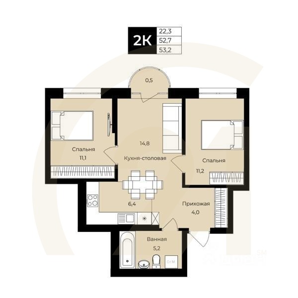 2-комн. квартира, 52,7 м²в ЖК «Ленинские высотки»