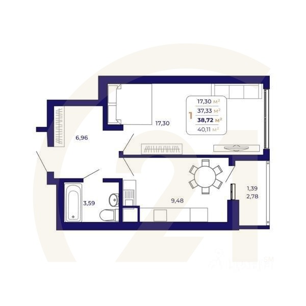 1-комн. квартира, 38,72 м²в ЖК «Паруса»