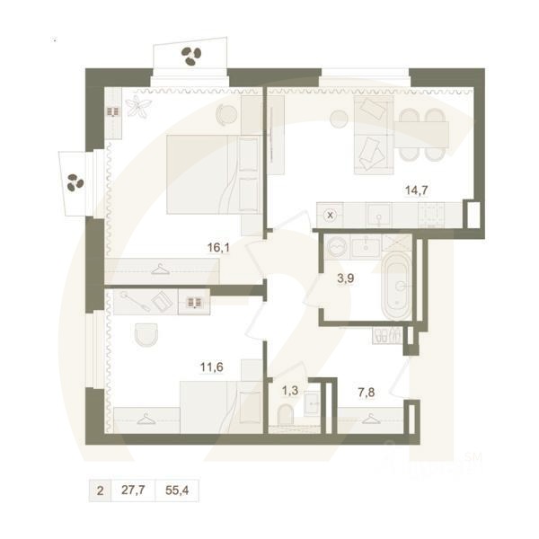 2-комн. квартира, 55,4 м²в ЖК «Квартал «Родина Парк»