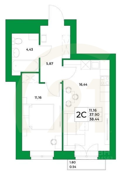 2-комн, 38,44 м²