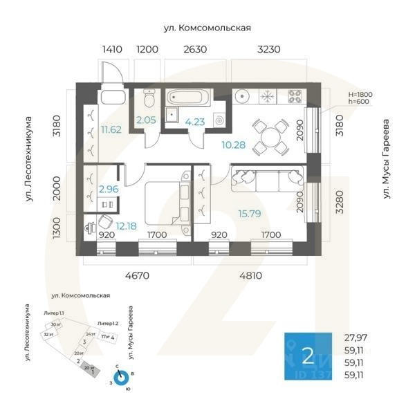 2-комн. квартира, 59,11 м²в ЖК «8 NEBO»
