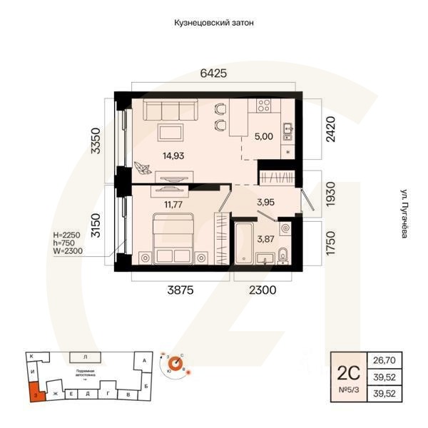 2-комн. квартира, 39,52 м²в ЖК «Первый остров»