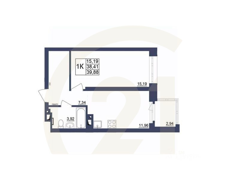 1-комн. квартира, 39,88 м²в ЖК «Космос»