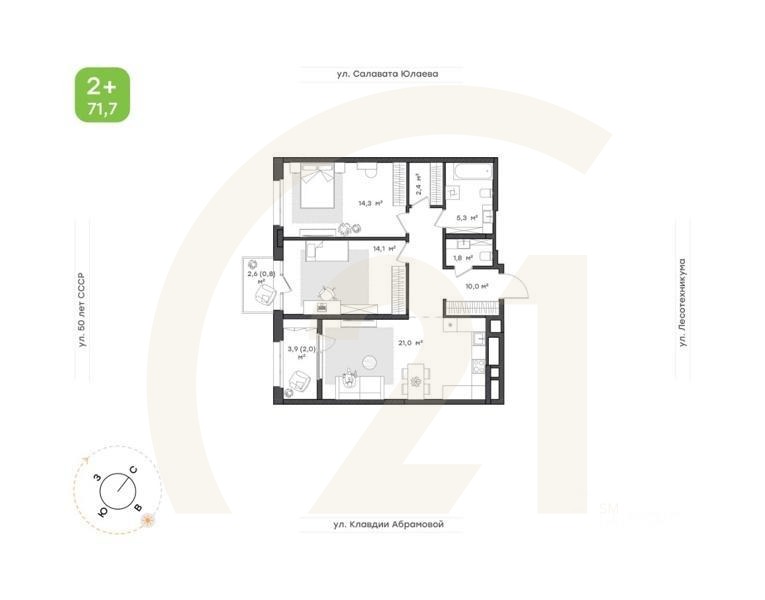 2-комн. квартира, 71,7 м²в ЖК «Бионика Парк»