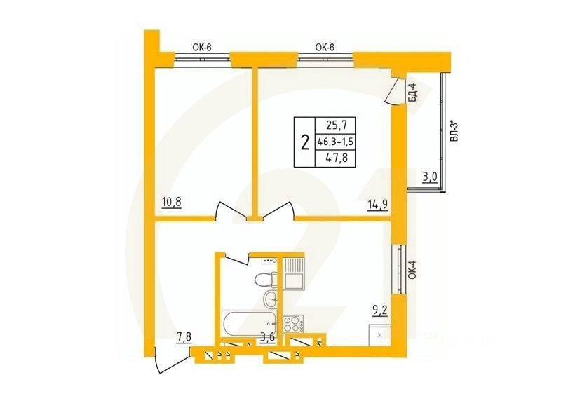 2-комн. квартира, 47,6 м²