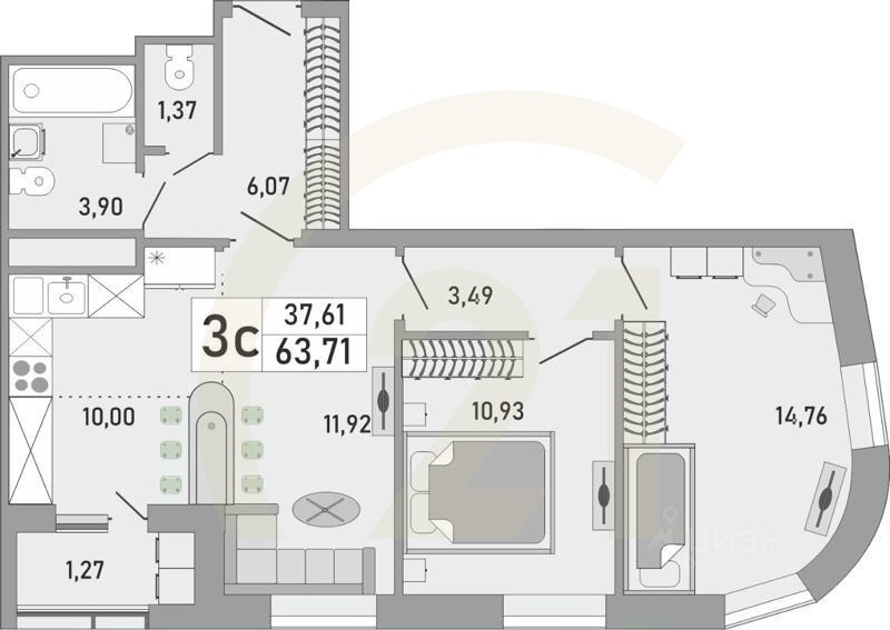 3-комн. квартира, 63,71 м²в ЖК «Платинум»
