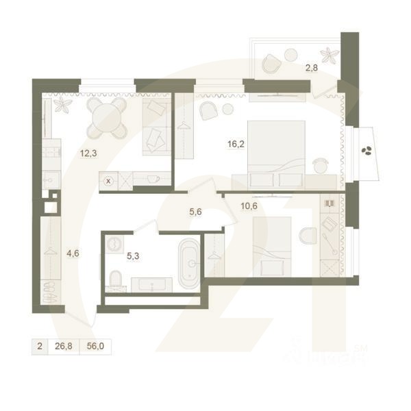 2-комн. квартира, 56 м²в ЖК «Квартал «Родина Парк»