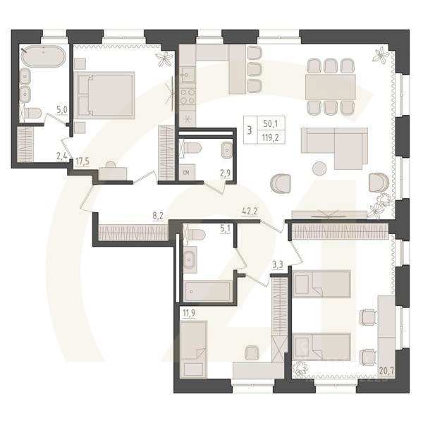 3-комн. квартира, 119,2 м²в ЖК «Новый Империал»
