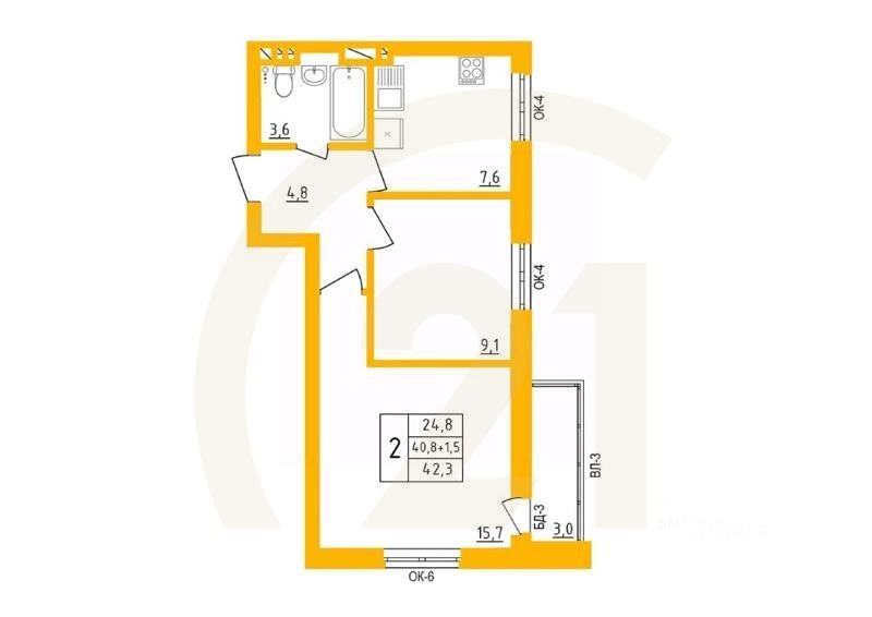 2-комн. квартира, 42,4 м²