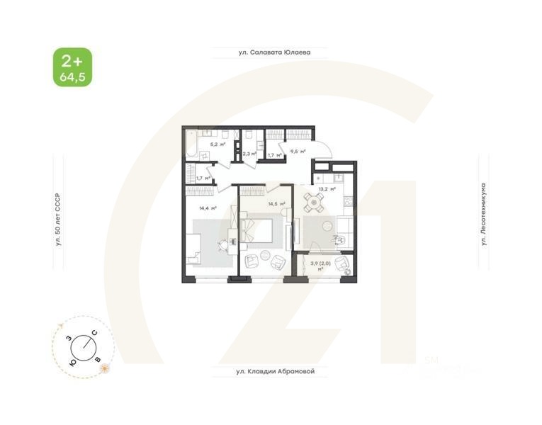 2-комн. квартира, 64,5 м²в ЖК «Бионика Парк»