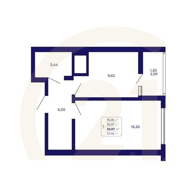 1-комн. квартира, 36,67 м²в ЖК «Паруса»