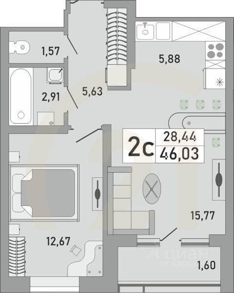 2-комн. квартира, 46,03 м²в ЖК «Платинум»