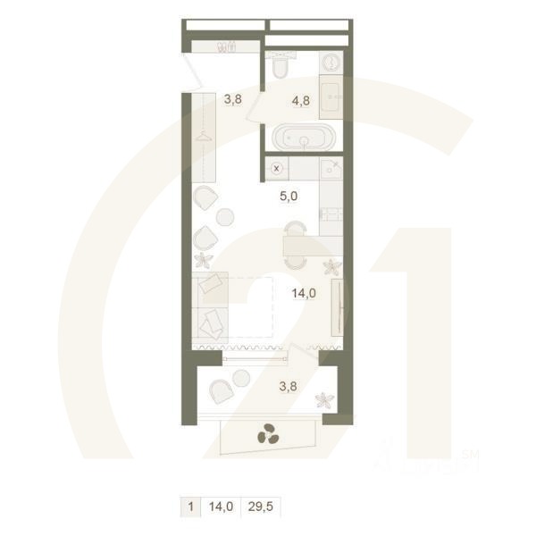 1-комн. квартира, 29,5 м²в ЖК «Квартал «Родина Парк»