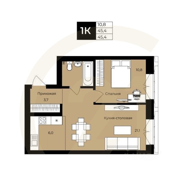 1-комн. квартира, 45,4 м²в ЖК «Ленинские высотки»