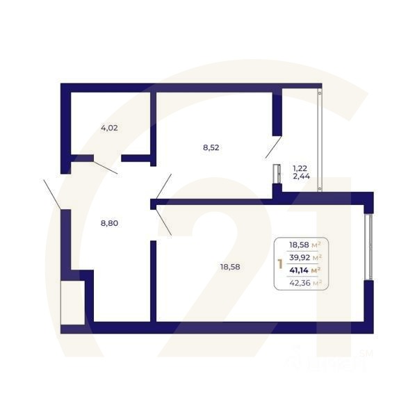1-комн. квартира, 41,14 м²в ЖК «Паруса»