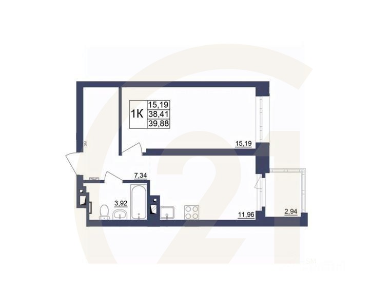 1-комн. квартира, 40,06 м²в ЖК «Космос»