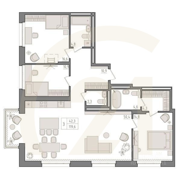 3-комн. квартира, 119,6 м²в ЖК «Новый Империал»