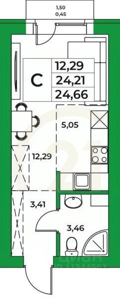 Студия, 24,66 м²