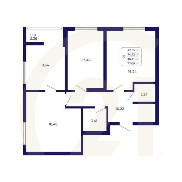 3-комн. квартира, 75,91 м²в ЖК «Паруса»